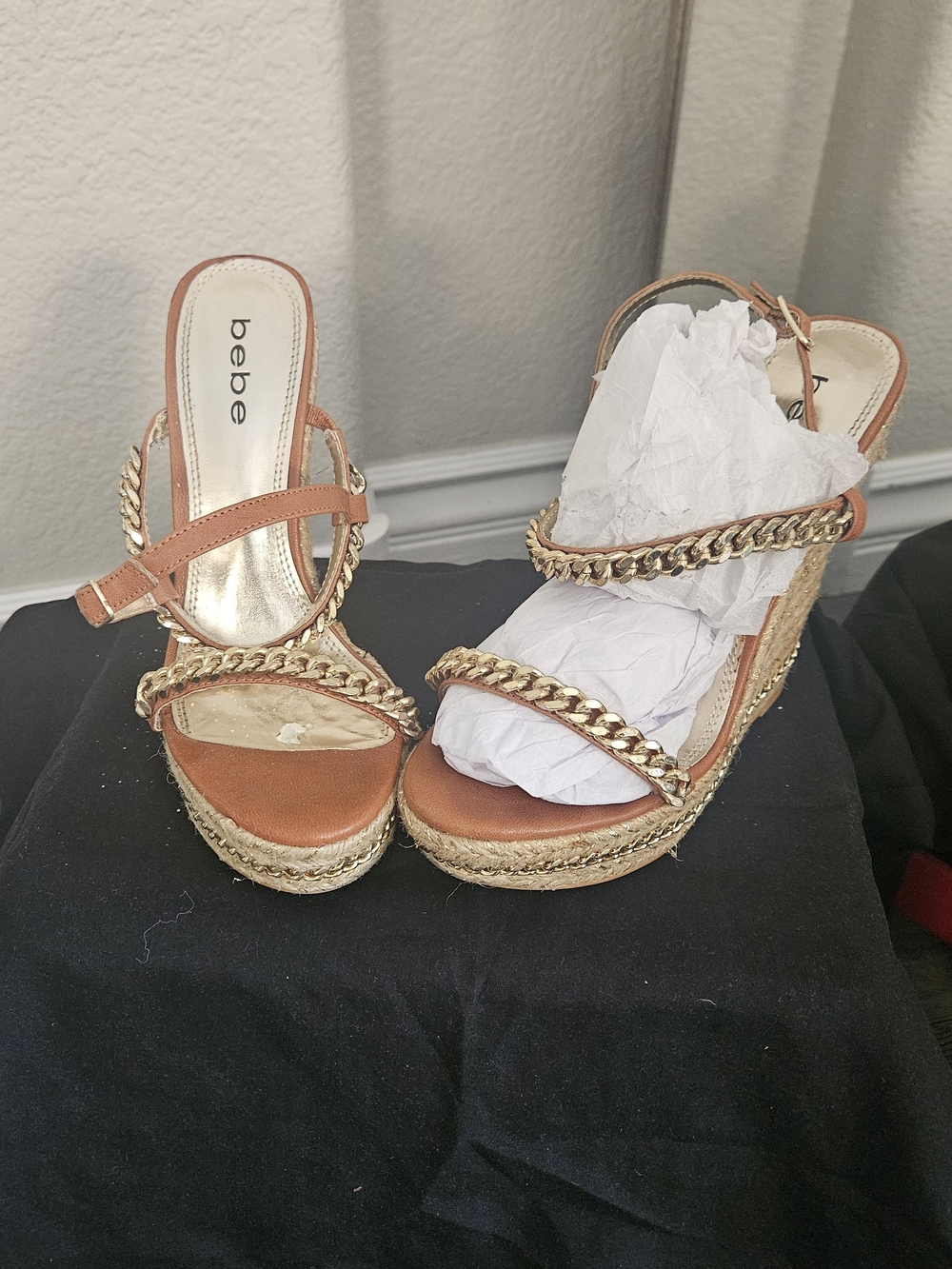 bebe Brown Wedge Sandals with Gold Chain Detail